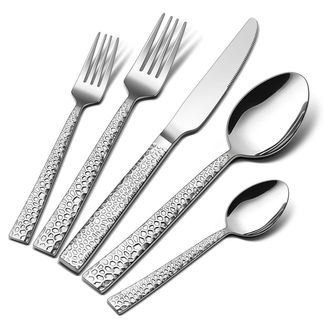 TEAMFAR Besteck Set, 30-teilig Edelstahl poliert Besteckset für 6 Personen, Gehämmertes Essbesteck f