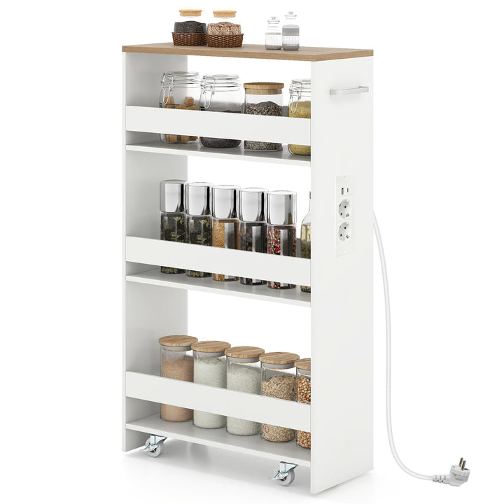 COSTWAY Nischenwagen 20cm breit, 4 Etagen Küchenwagen schmal mit Ladestation, Nischenregal auf Rolle