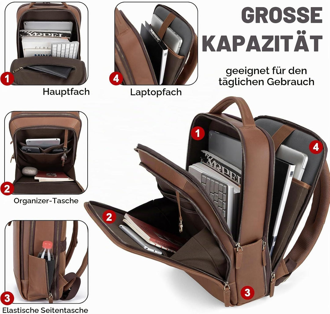 Tzowla Lederucksack Herren,Laptop Vintage Rucksack aus Echtleder für Damen mit USB-/Typ-C-Ladeanschl