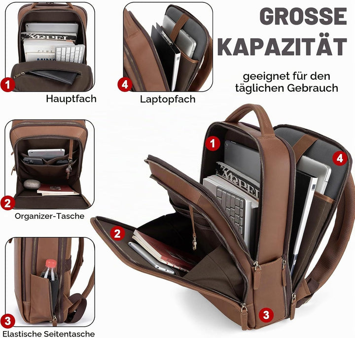 Tzowla Lederucksack Herren,Laptop Vintage Rucksack aus Echtleder für Damen mit USB-/Typ-C-Ladeanschl