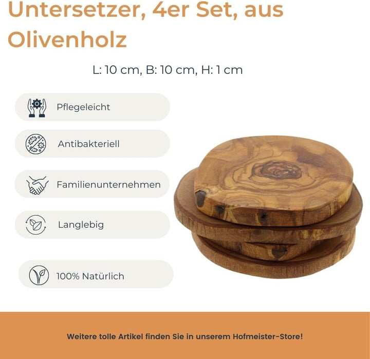 HOFMEISTER® Untersetzer 4er Set Olivenholz - Glasuntersetzer aus Holz aus 4 Olivenholzscheiben - Nat
