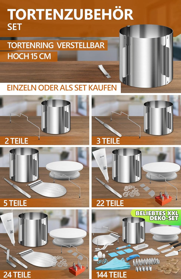 4smile 5 Teile Torten-Zubehör Set mit Tortenring verstellbar hoch 15 cm + Tortenschneider, Tortenheb