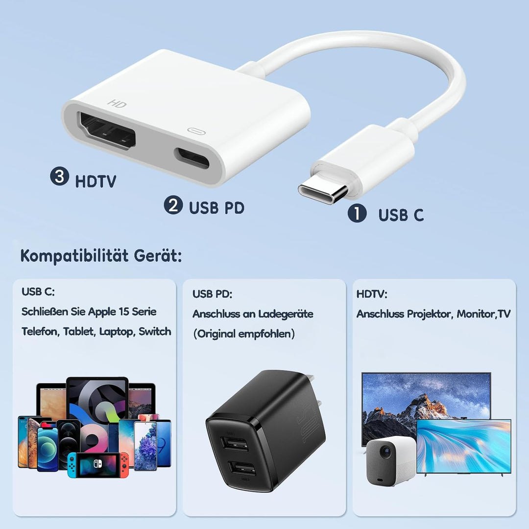 USB C to 4K 60Hz HD.MI Adapter für iPhone 15 zu HDTV, 2 in 1 Typ C Digital AV adapt Sync Bildschirm