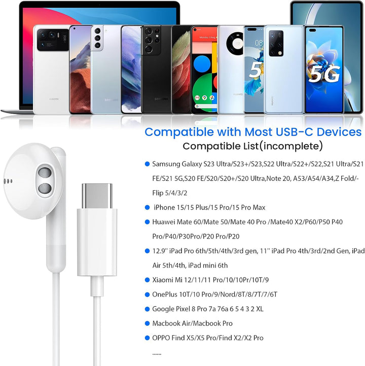 USB C Kopfhörer für iPhone 17 Air 16 15 Plus Pro Max iPad Pro In-Ear Kopfhörer mit Kabel USB C, Mikr
