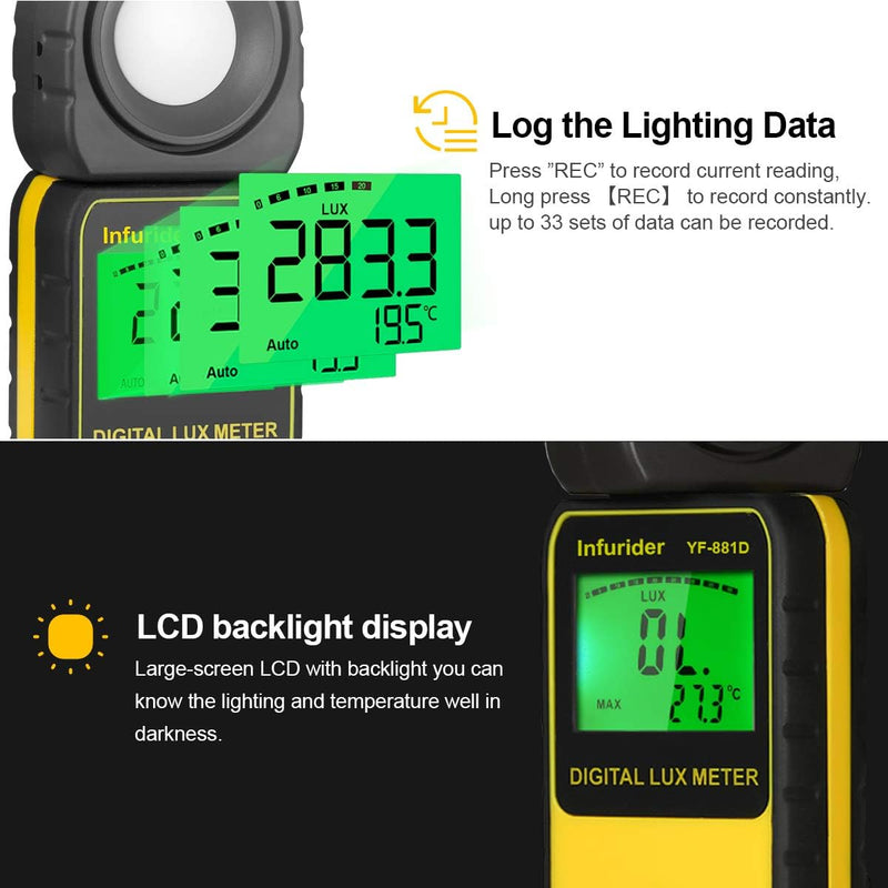 INFURIDER Digital Luxmeter Belichtungsmesser YF-881D Illuminometer 0.1-400,000 Lux Lichtmessgerät Li