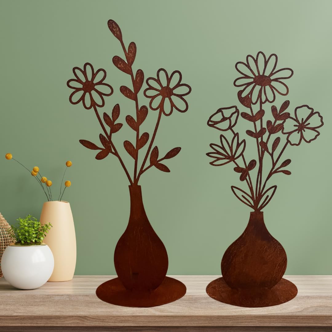 Terma Stahldesign Rost Figur Set Blumenstrauss in Vase 50cm Gartendeko für draussen und drinnen Gart