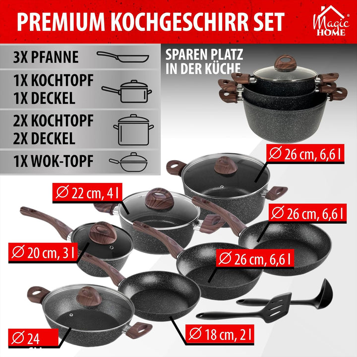 MAGIC HOME Topfset INDUKTION 13-tlg | Aluguss Pfannenset & Kochtopf Set | Marmor Antihaft Bratpfanne