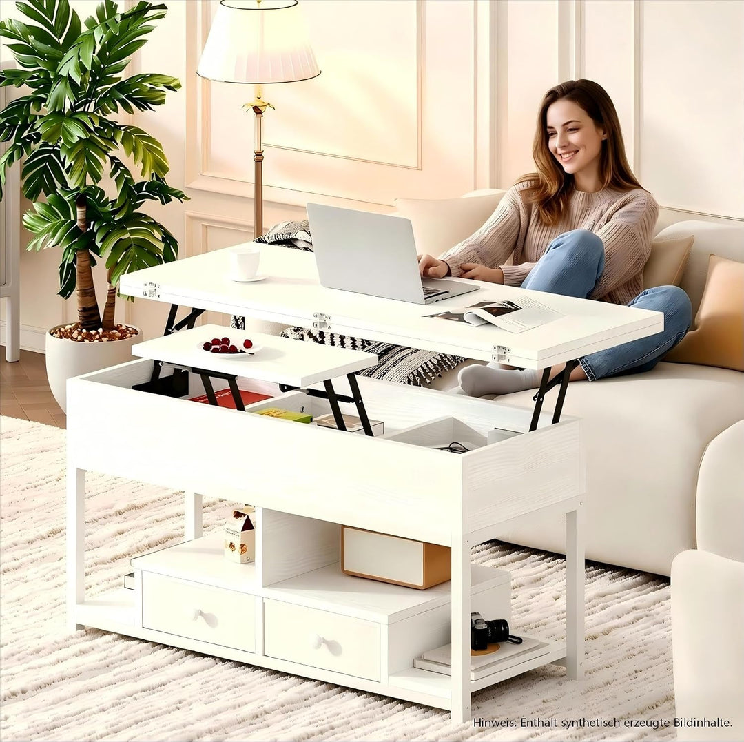 IRONCK Couchtisch höhenverstellbarer Wohnzimmertisch mit LED Beleuchtung und Steckdosen, 2 AC,1 USB