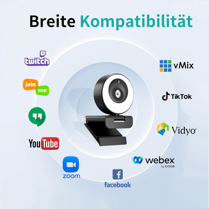 1080P Webcam mit Mikrofon, 60 FPS, Ringlicht mit 3 Lichtmodi, Autofokus, 89° Weitwinkel, Full-HD, Vi