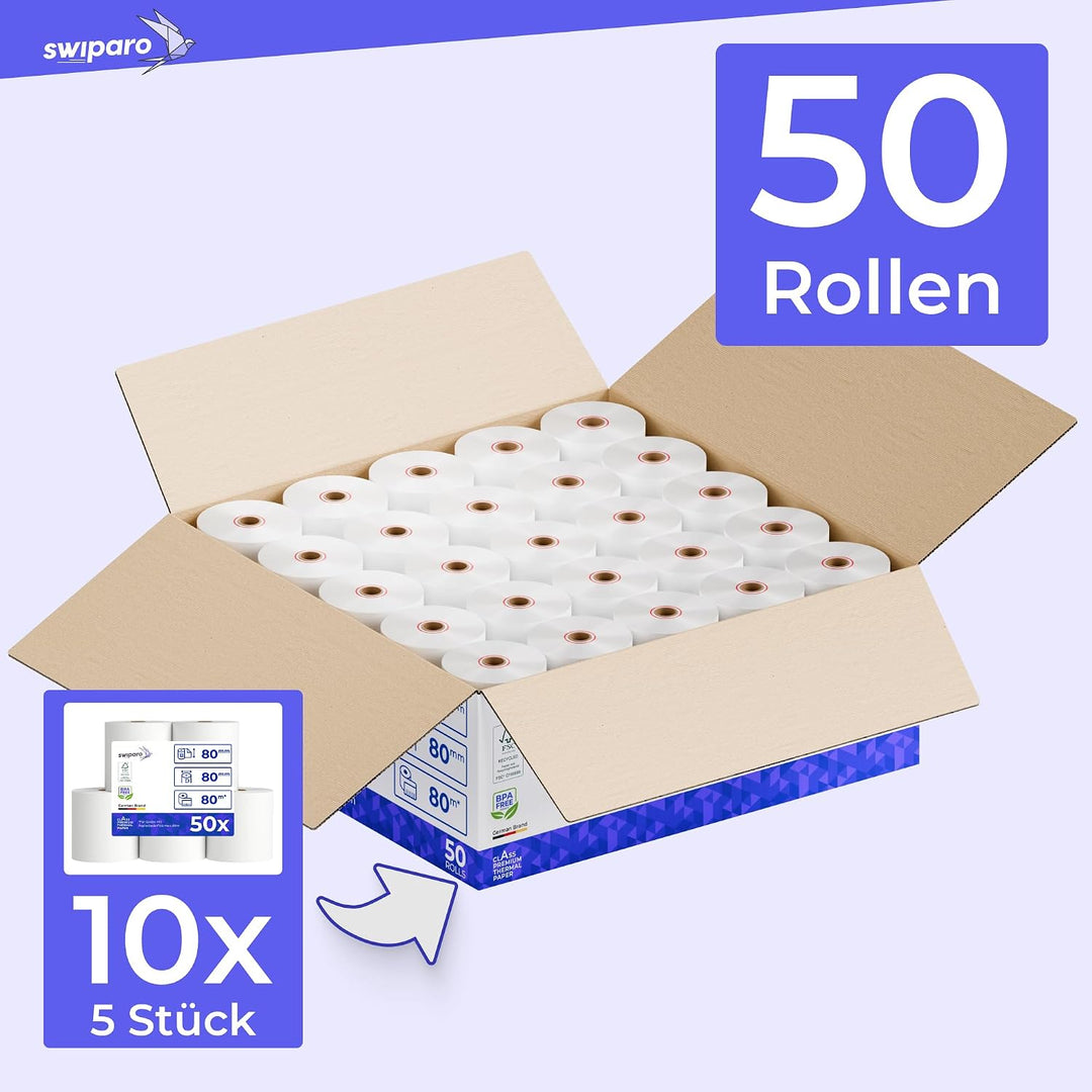 SWIPARO - Thermorollen 80mm x 80m x 12mm - Kassenrollen - Bonrollen zertifiziert für Registrierkasse