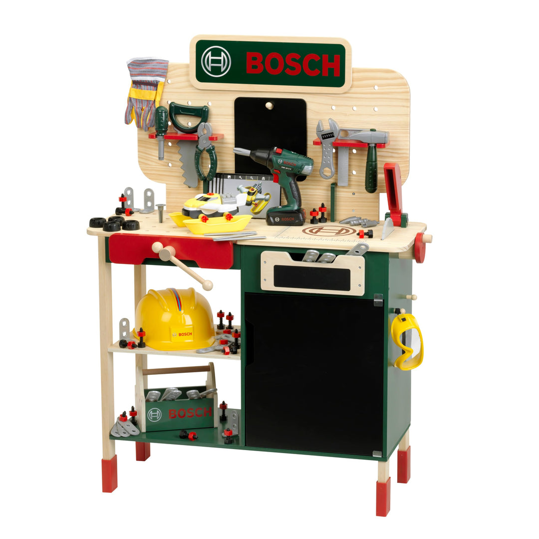 Theo Klein 8734 Bosch Holzwerkbank I Robuste Kinderwerkbank, höhenverstellbar I Elektr. Akkuschraube