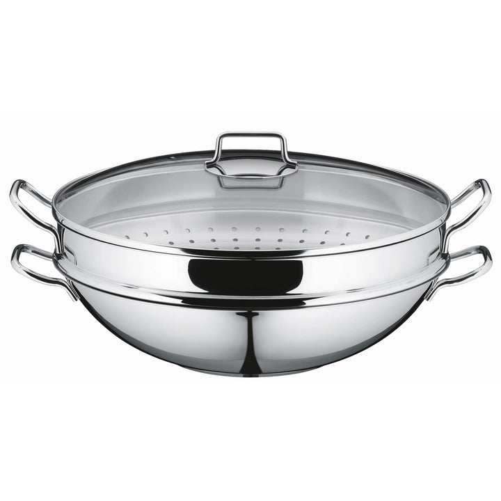 WMF Macao Wok Induktion 4-teilig, Wok-Pfanne 36 cm mit Glasdeckel, Ablagegitter, Dämpfereinsatz, Cro