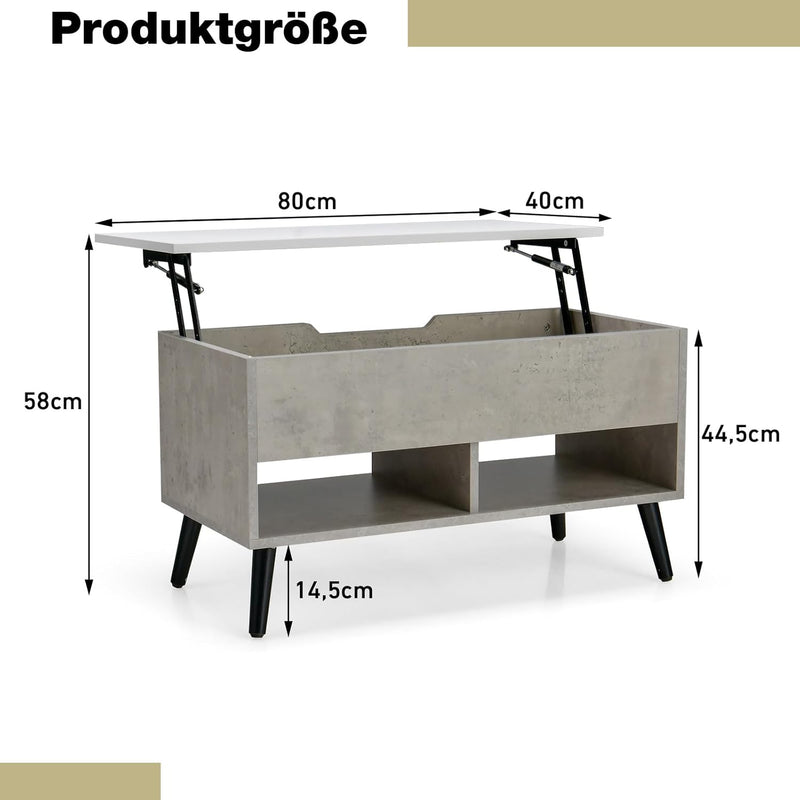 COSTWAY Couchtisch höhenverstellbar, Sofatisch mit anhebbarer Tischplatte & 2 offenen Regalen, auszi