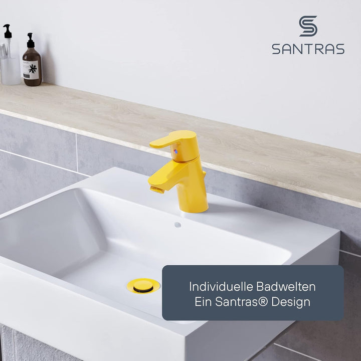 SANTRAS® Waschtischarmatur für das Bad mit Exzenter Ablaufgarnitur und Zugstange in Gelb– Einhebel-M