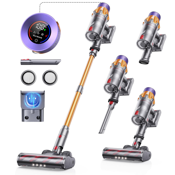 SunSare Akku Staubsauger 600W/50000Pa/65Min, Staubsauger Kabellos mit Smart Display und Ladestation,