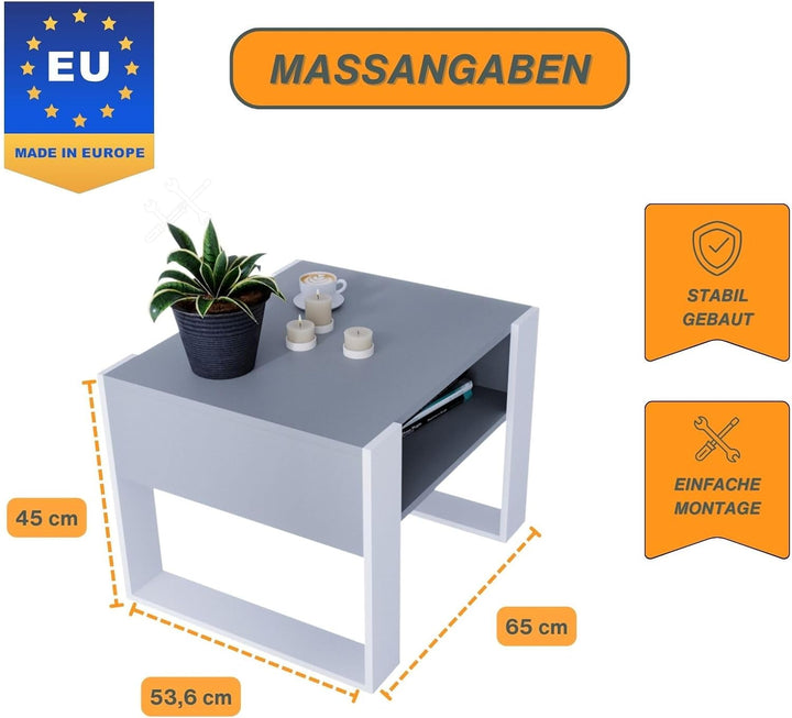 CraftPAK Wohnzimmer Tisch für Couch aus hochwertigem Holz, Stabiler & moderner Couchtisch mit zusätz