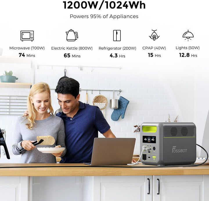 FOSSiBOT Tragbare Powerstation F1200, 1024Wh LiFePO4 Solargenerator mit 2 1200W AC Ausgänge, 100W Ty