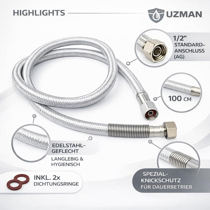 UZMAN Gastro Brauseschlauch 100cm mit Spezial-Knickschutz - 1/2" Standard Anschlüsse inkl. Dichtunge