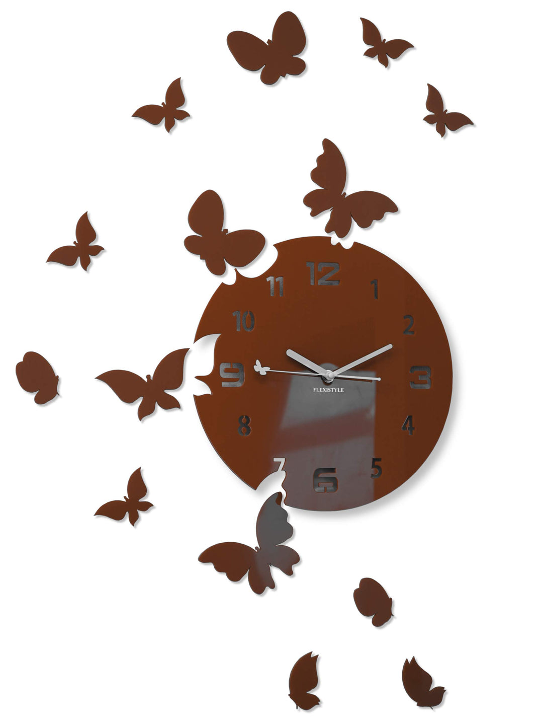 FLEXISTYLE Grosse Moderne Wanduhr Schmetterling rund 30cm, 15 Schmetterlinge, Wohnzimmer, Schlafzimm