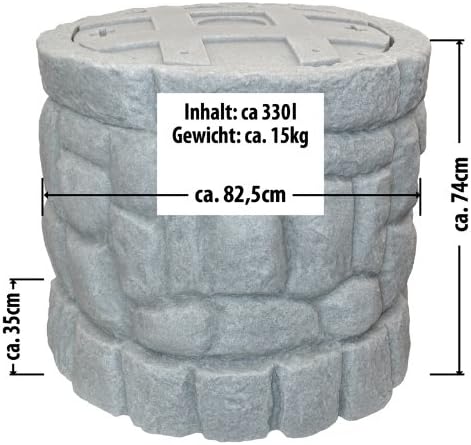 Regentonne Märchenbrunnen Granit-grau 330 l, Regenfass FROSTSICHER mit stabilem Deckel und Wasserhah