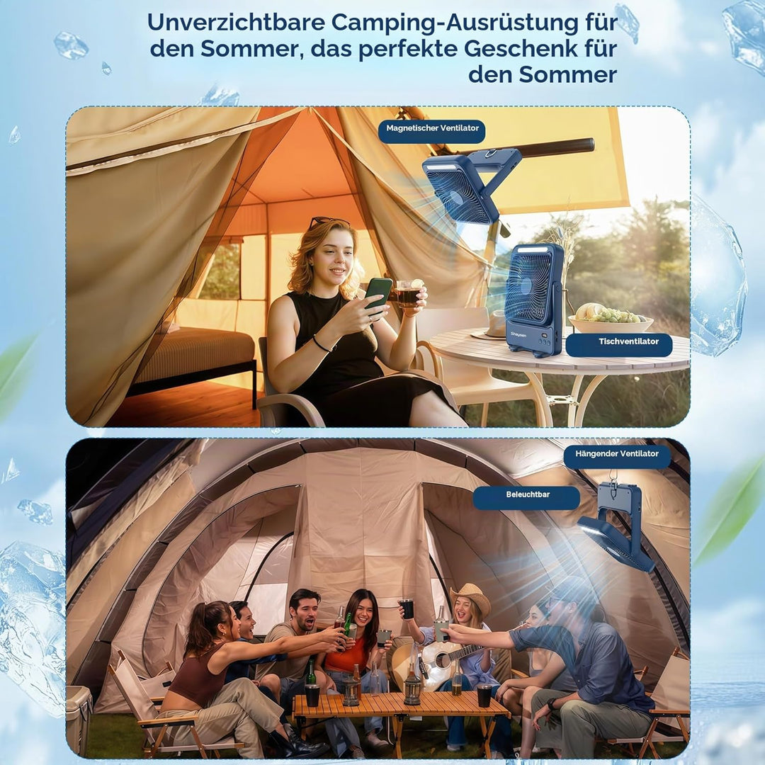 Ventilator 20000mAh Akku Tischventilator USB Camping Ventilatoren mit Lampe, 4 Getriebe,12-43 Std.La