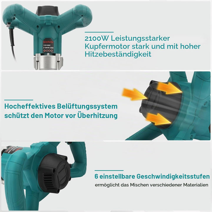 WingFly 3200W Rührwerk Mörtelrührer, 230V Farb-Mörtelrührer Betonrührer, 6 Gang-Getriebe, Farbmörtel