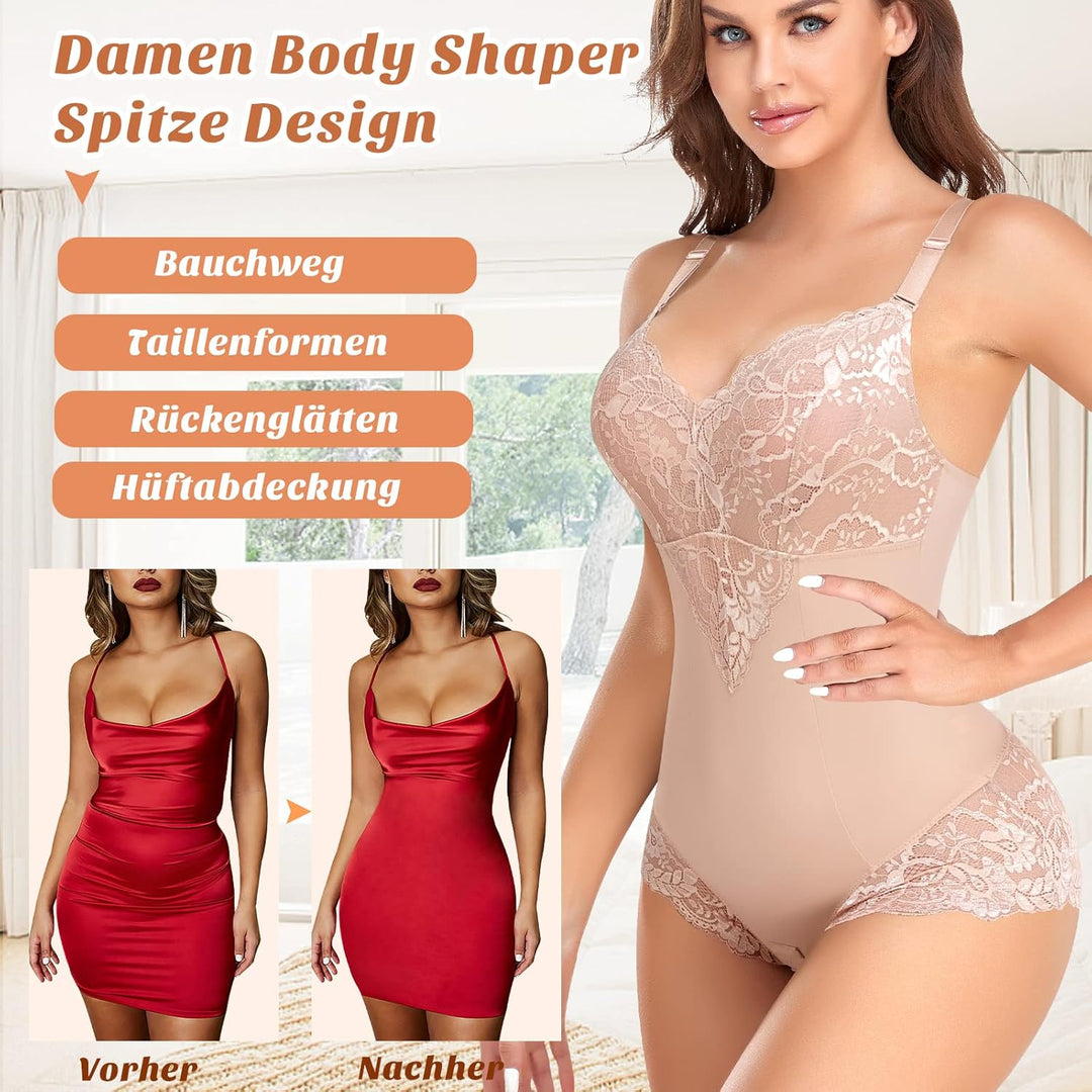 Shapewear Damen Body Shaper Bauchweg, M Beige-Spitze