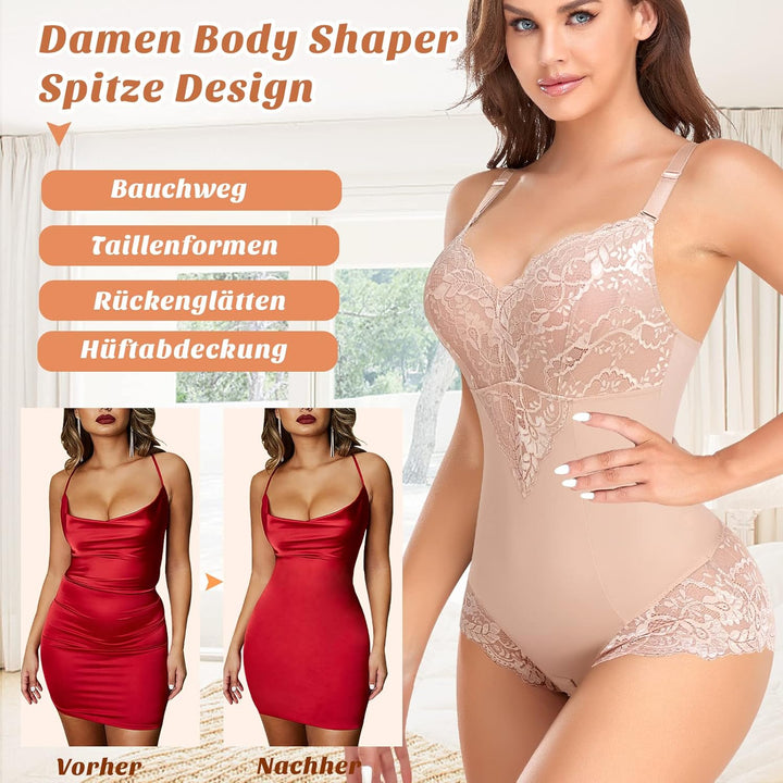 Shapewear Damen Body Shaper Bauchweg, M Beige-Spitze