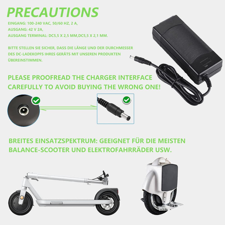 Scooter Corner 42V AC Netzteil Fahrrad Ladegerät für 36V Akku Elektroroller E-Bike, für dc5.5 mm2.5