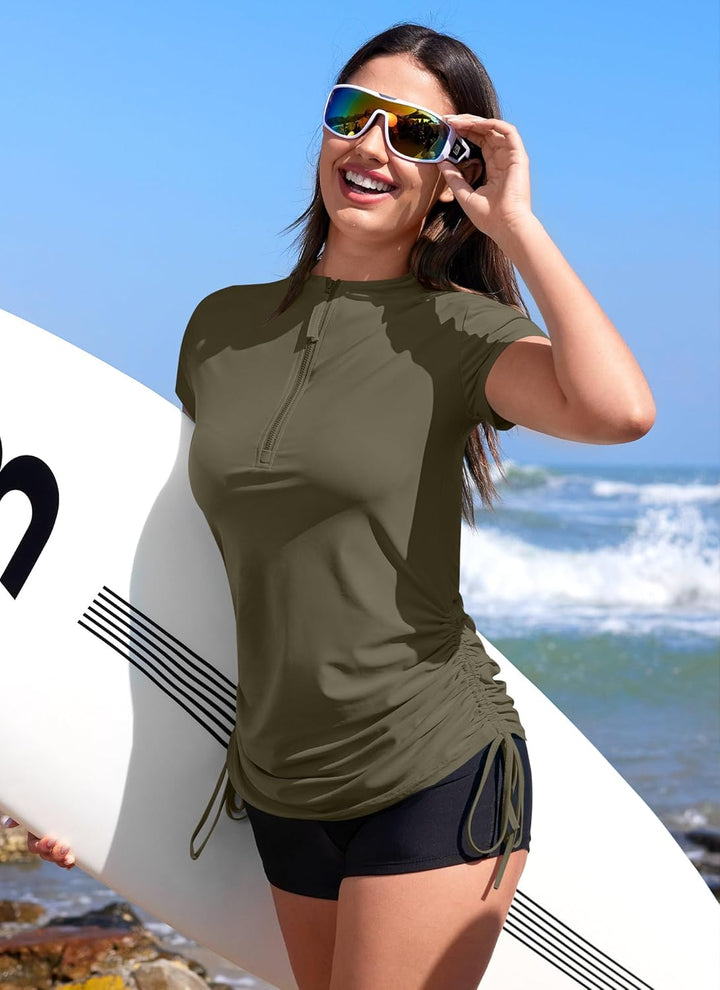 BesserBay Damen Surf Shirt Bademode Rash Guard UV Shirts mit Kurzarm und 1/4 Zip Surf Shirt Schwimme