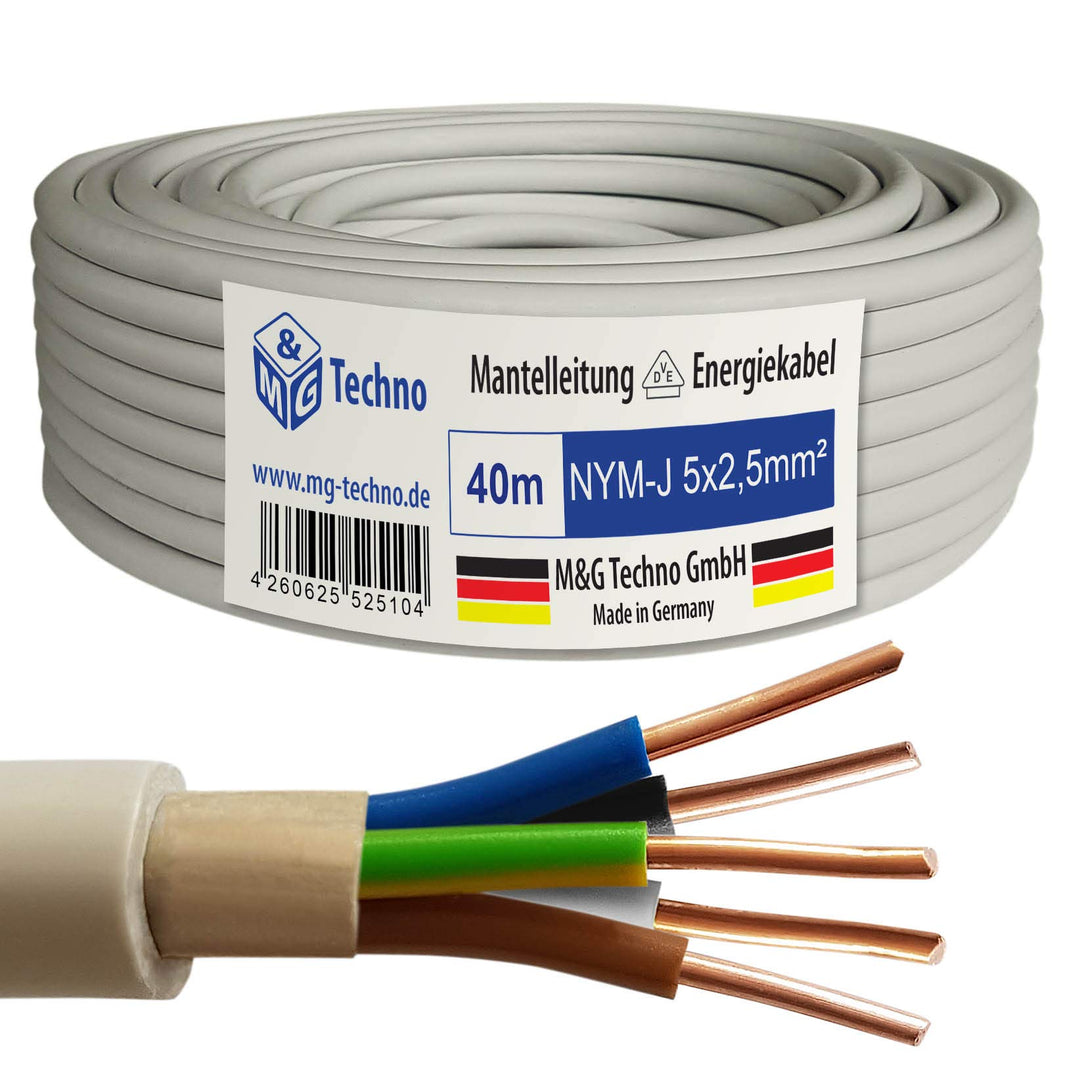 M&G Techno 40m NYM-J 5x2,5 mm² Mantelleitung Feuchtraumkabel Elektrokabel Kupfer Made in Germany, 40
