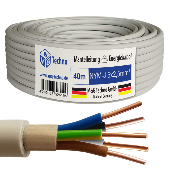 M&G Techno 40m NYM-J 5x2,5 mm² Mantelleitung Feuchtraumkabel Elektrokabel Kupfer Made in Germany, 40