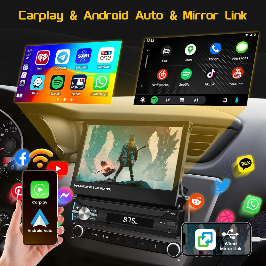Hikity FM AM 1 Din Autoradio Wireless Carplay, Ausfahrbarem Bildschirm 7 Zoll Touchscreen mit Androi