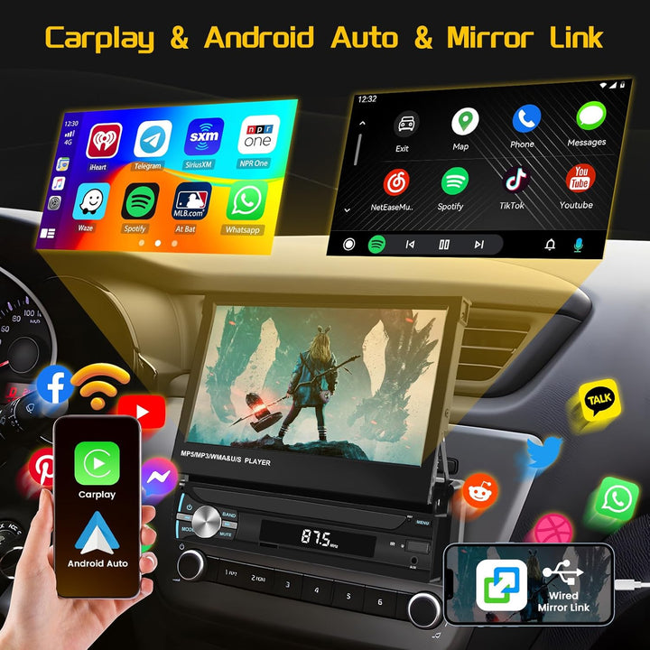 Hikity FM AM 1 Din Autoradio Wireless Carplay, Ausfahrbarem Bildschirm 7 Zoll Touchscreen mit Androi