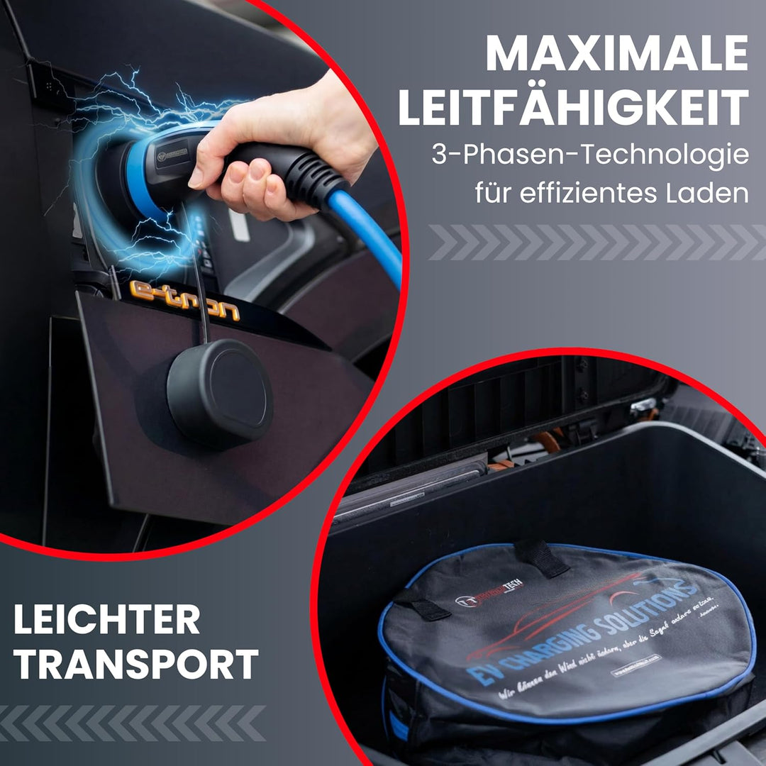 TEUTSCHTECH, EV Ladekabel Spiral I Blau I 9M I TYP2 auf TYP2 I 22kW I 3X32A I 3-phasig I Nutzbare Lä