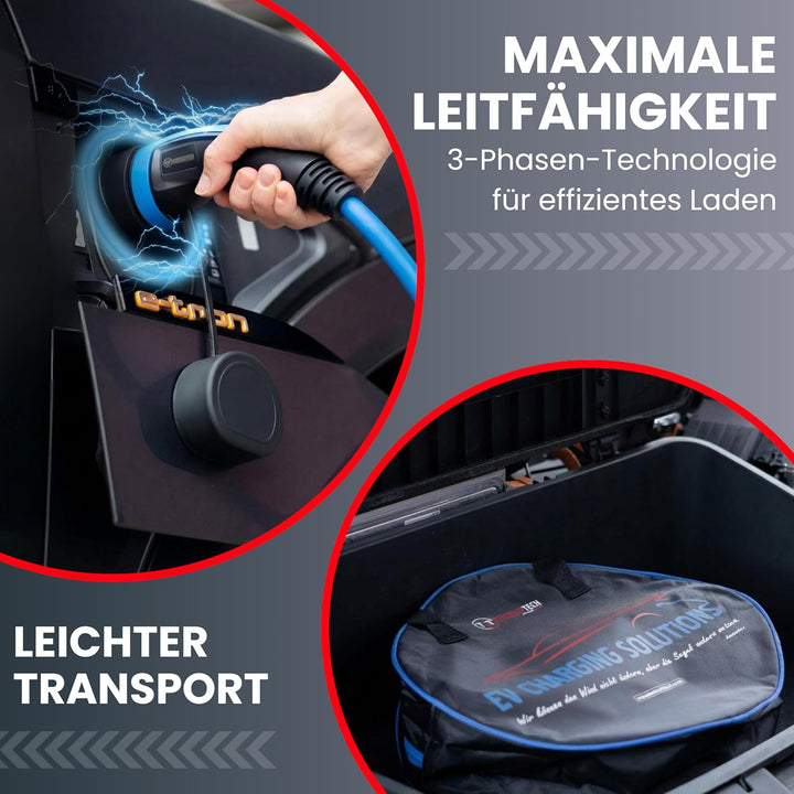 TEUTSCHTECH, EV Ladekabel Spiral I Blau I 9M I TYP2 auf TYP2 I 22kW I 3X32A I 3-phasig I Nutzbare Lä