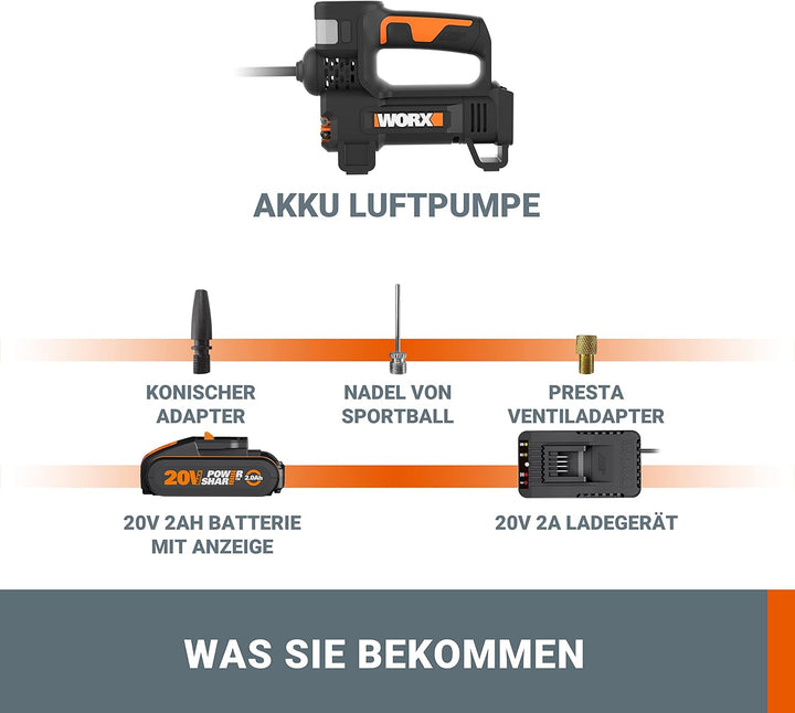 WORX - Luftkompressor und LED-Projektor, kabellos, 150 PSI – 20 V-2 Ah – WX092 (Lieferung mit Akku u