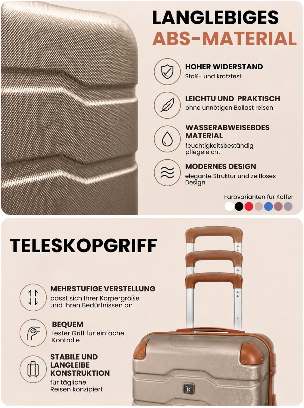 BERTOO Firenze Hartschalen-Reisekoffer-Set, 2-teilig, ABS-Schale, 4 abnehmbare 360°-Rollen, Schwarz