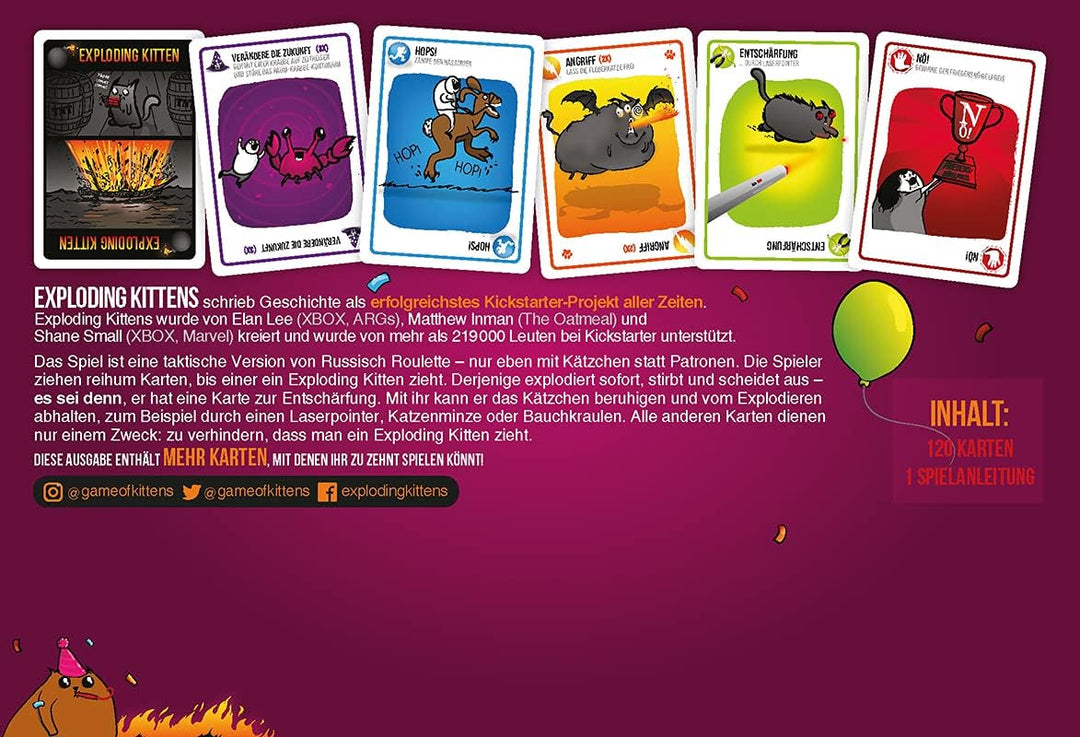 Exploding Kittens, Exploding Kittens – Party-Pack, Grundspiel + Erweiterung, Partyspiel, Kartenspiel
