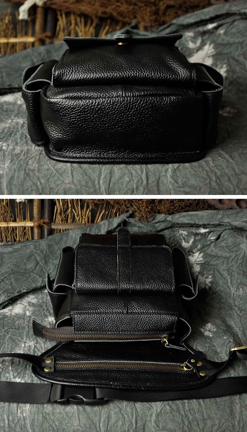 Le'aokuu Herren Echtes Leder Hüfttasche Gürteltasche Bauchtasche Reissverschluss Motorrad Messenger