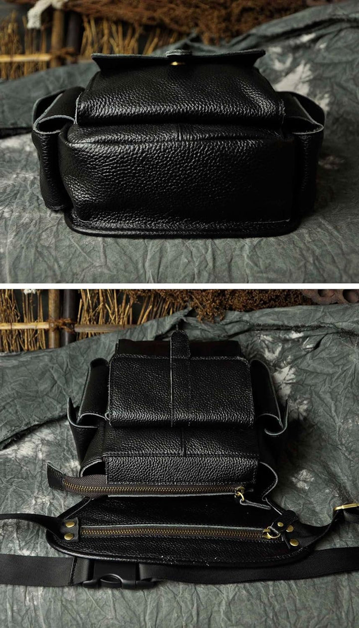 Le'aokuu Herren Echtes Leder Hüfttasche Gürteltasche Bauchtasche Reissverschluss Motorrad Messenger