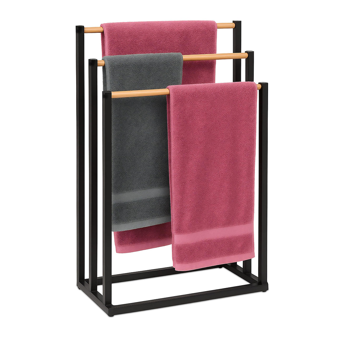 Relaxdays Handtuchständer, HBT: 76 x 45 x 21,5 cm, Metall, Bambus, 3 Stangen, Handtuchhalter stehend