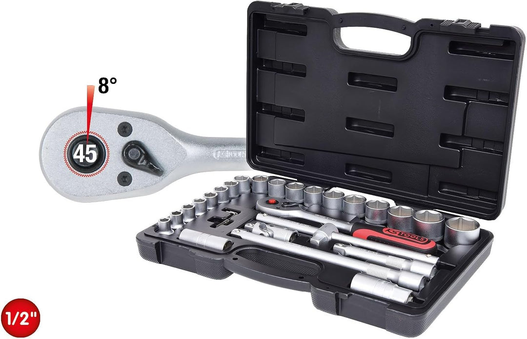 KS Tools 917.0728 1/2 Zoll Steckschlüssel-Satz | inklusive Umschaltknarre, 45-Zahn | matt satiniert