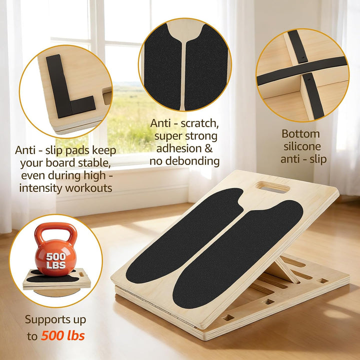 3-in-1 Gleichgewichtstrainer Balanceboards Klappbares Slant Board, Wadendehner Schrägbrett aus Holz