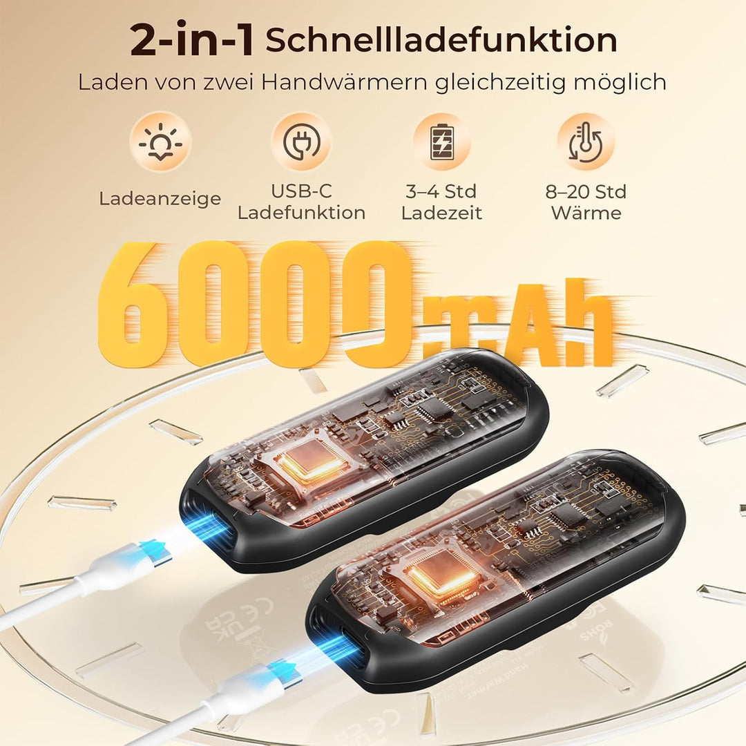 VIWAVE Handwärmer Elektrisch 2er-Set Taschenwärmer Wiederverwendbar mit LED,6000mAh Akku Handwärmer