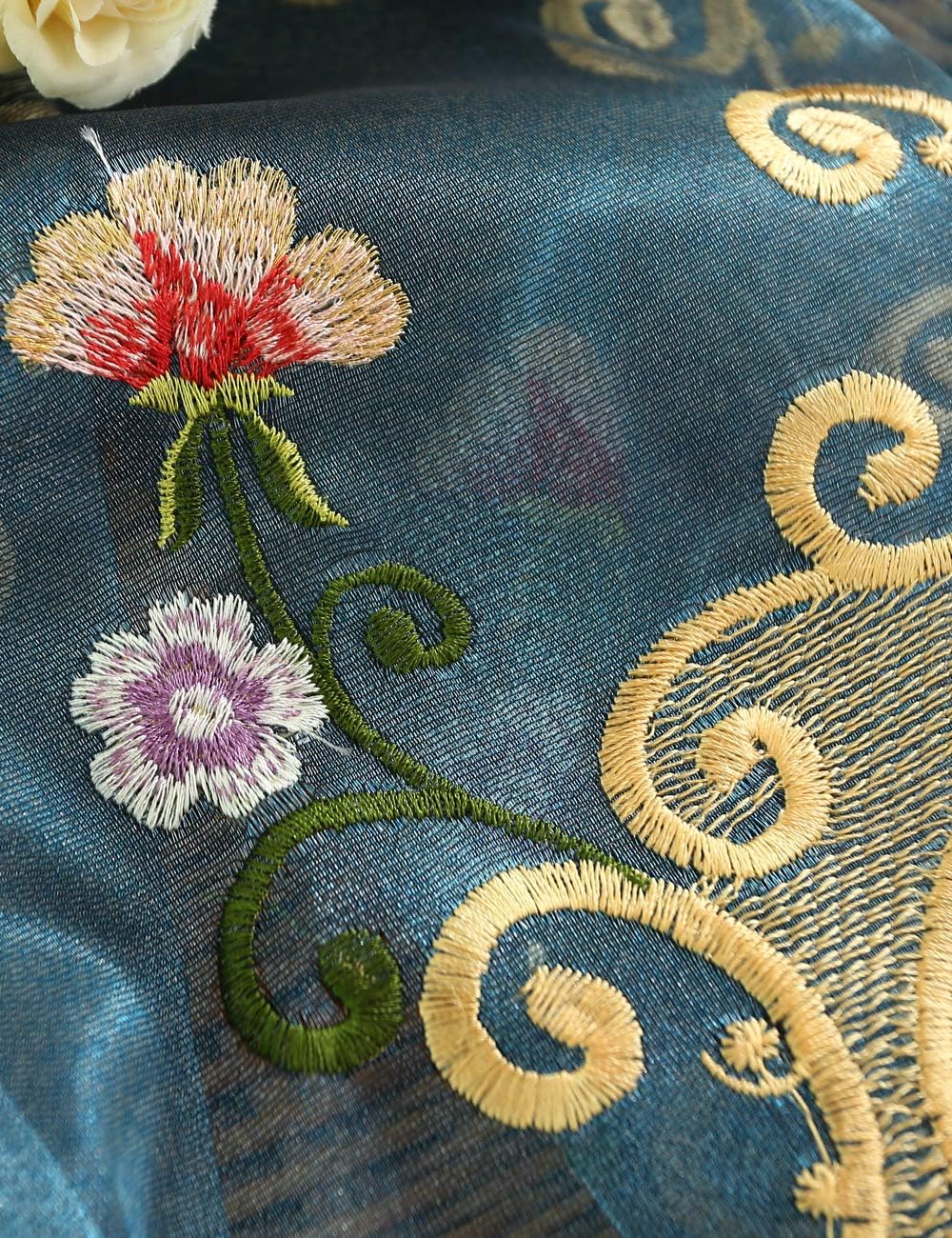 Lactraum Vorhänge Wohnzimmer Transparent Blau mit Ösen Bestickt Wasserfee Blumen Voile 300 x 245cm 3
