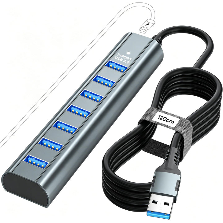 7-Port USB 3.0 Hub Verteiler mit 120cm Kabel für Desktop, 5Gbps USB Mehrfachstecker Splitter mit 5V