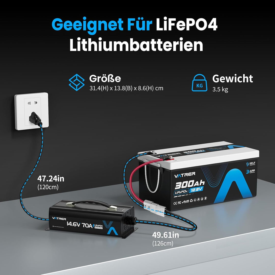 14.6V 70A Schnelllade Lithiumbatterieladegerät AC-DC LiFePO4 Batterieladegerät für 12V Lithiumbatter