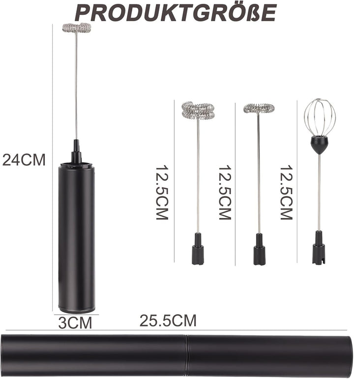 Milchaufschäumer Stab - Elektrischer Schneebesen, USB 800mah, 3 Aufsätzen 2 Geschwindigkeiten, Milch
