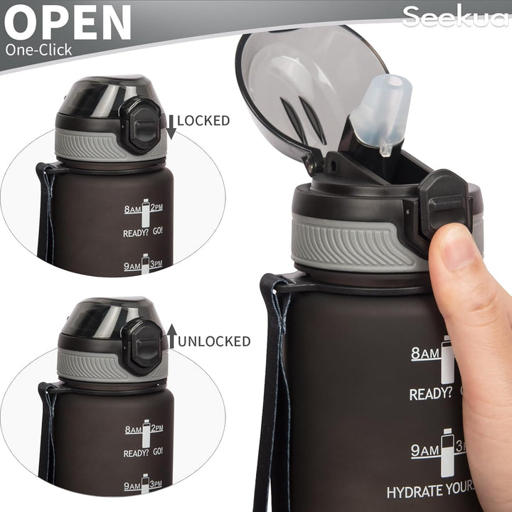 Seekua Sport Tritan Trinkflasche 1l mit Strohhalm & Zeitmarkierung, Grosse Wasserflasche mit Uhrzeit